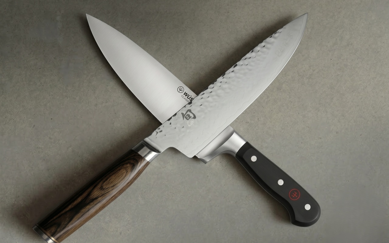 German and Japanese chef knives side by side