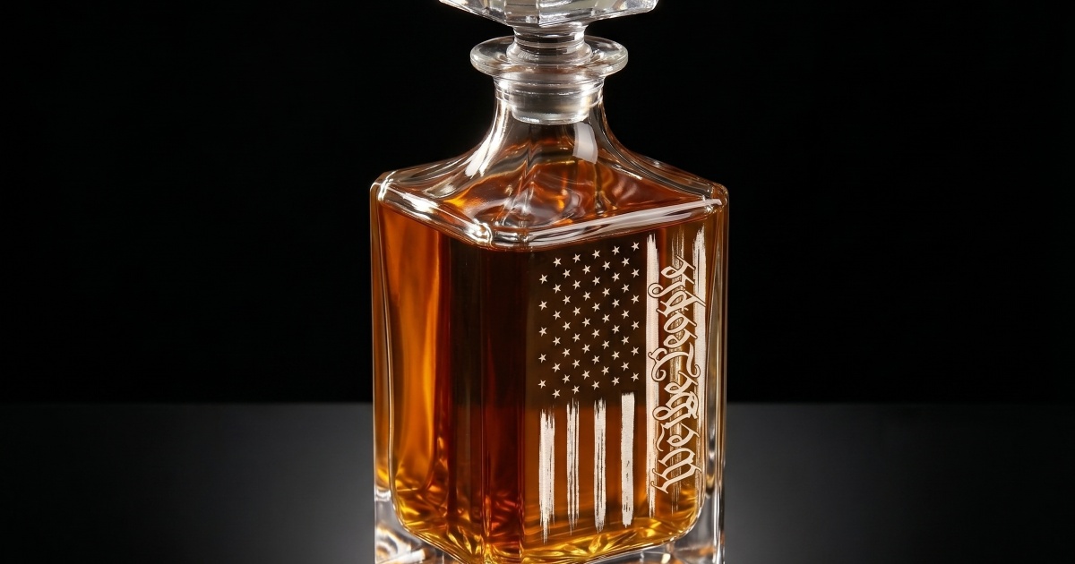 250th Anniversary We The People American flag engraved whiskey decanter set with 2 glasses