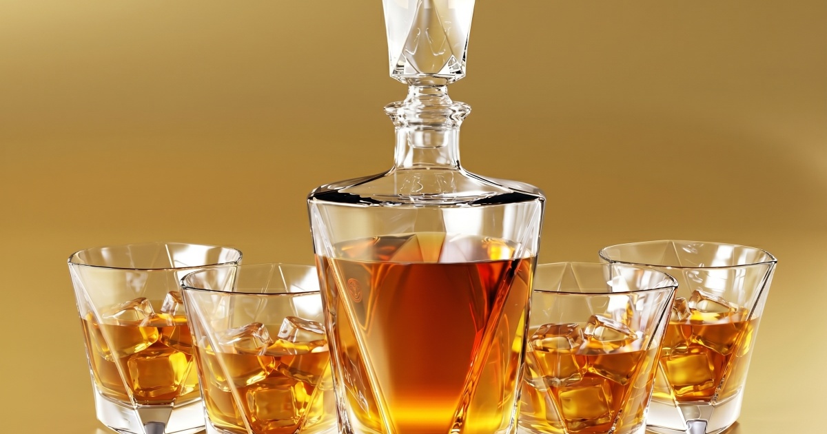 Crystal clear whiskey decanter set for men with 4 matching glasses in gift box