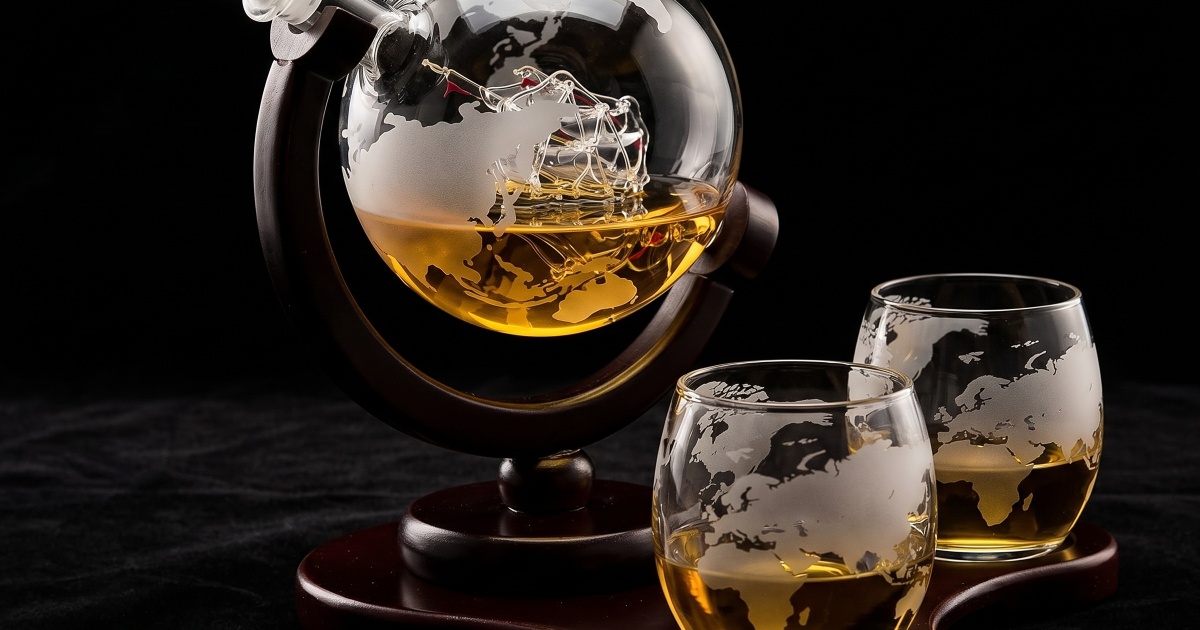 Whiskey globe decanter set with 2 glasses in gift box — home bar statement piece